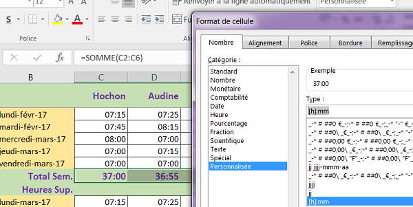 Format Heure Excel pour sommer les durées de travail et calculer le total des heures