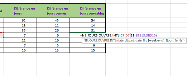 écart entre deux dates Excel calculé en nombres de jours ouvrés et ouvrables
