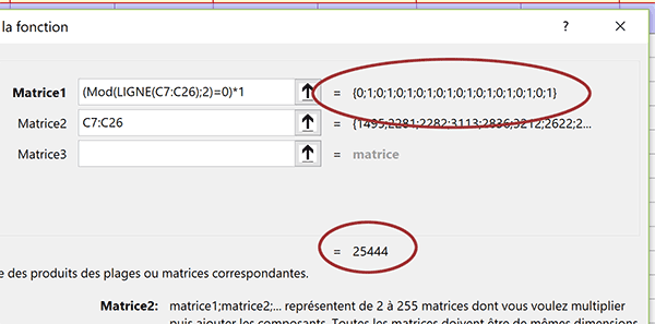 Additionner les valeurs des lignes paires par calcul matriciel Excel grâce à la fonction SommeProd