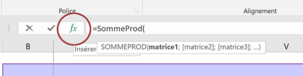 Assistant fonction Excel pour construire calcul matriciel avec SommeProd