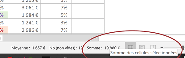 Résultat de la somme sur des colonnes impaires affiché dans la barre état Excel