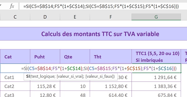 Imbriquer des fonctions Excel Si pour calculer les différents montants TTC selon des TVA variables