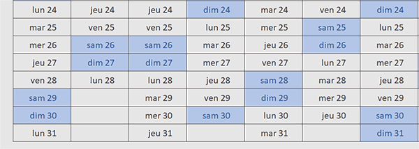 Stopper les jours en fins de mois dans un calendrier annuel Excel