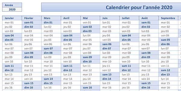 Calendrier annuel Excel construit avec une formule matricielle unique