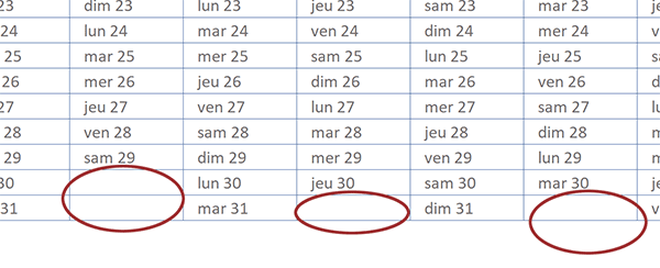 Fins des dates du calendrier annuel Excel sans dépasser les mois grâce à une mise en forme conditionnelle