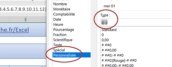 Format personnalisé Excel pour afficher le détail des jours des mois dans le calendrier annuel