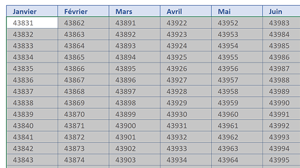 Numéros de série de tous les jours du calendrier annuel Excel construit par formule matricielle