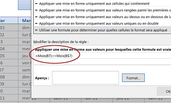 Mise en forme conditionnelle Excel pour masquer les dates qui dépssent les mois du calendrier annuel