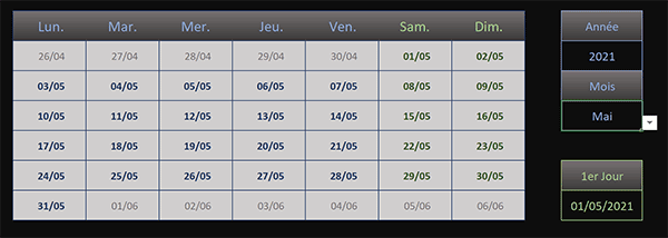 Calendrier Excel automatique en fonction du mois et de l-année