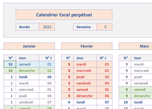 Calendrier annuel perpétuel Excel avec repérage visuel sur semaine choisie par liste déroulante