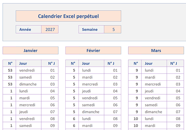 Construire automatiquement le calendrier annuel perpétuel Excel