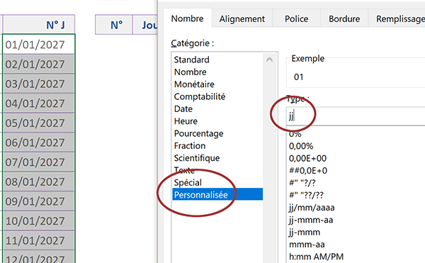 Format personnalisé Excel pour afficher dates en abrégé numéros de jours