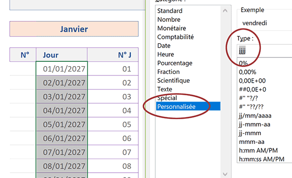 Format Excel pour afficher en texte le jour de semaine de la date