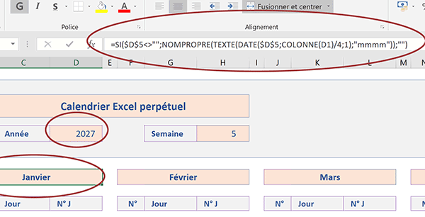 Calculer premier jour du mois selon annee pour calendrier annuel semaine Excel