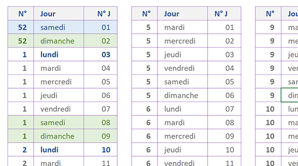 Identifier les Lundis dans Calendrier annuel Excel pour chaque début de semaine