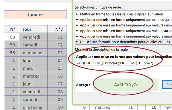 Mise en forme conditionnelle Excel pour repérer visuellement les jours de Week-End dans le calendrier annuel perpétuel