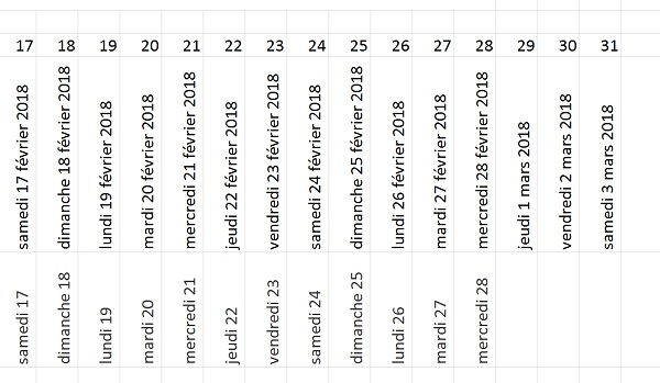 Construction automatique des jours du mois pour calendrier Excel