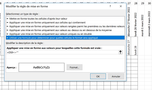 Construction automatique des bordures du calendrier par format dynamique réagissant aux critères des calculs Excel