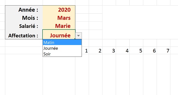 Listes déroulantes Excel pour construire automatiquement le planning des heures selon les choix effectués