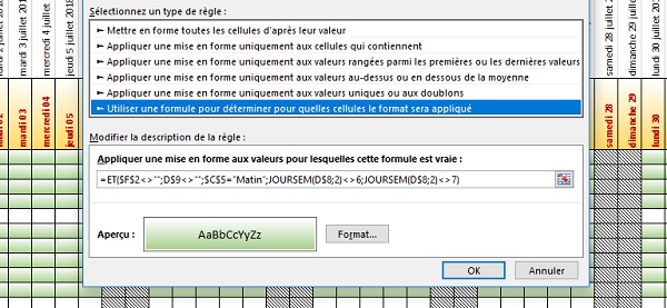 Multi-critères conditionnels pour la mise en forme dynamique des heures travaillées dans le planning Excel automatique