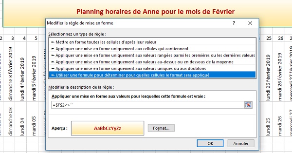 Mise en forme dynamique des cellules selon critère pour construction graphique du calendrier Excel