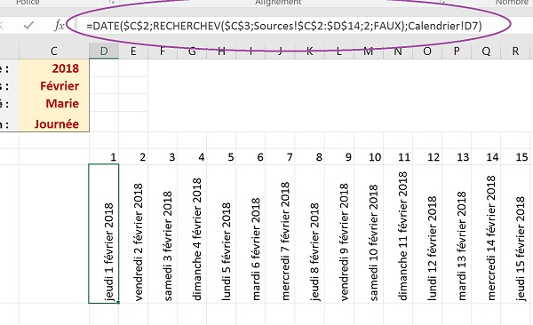 Construction automatique des dates incrémentées selon choix mois et année dans listes déroulantes Excel