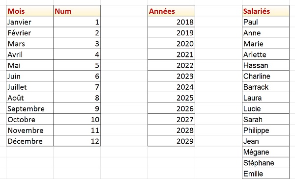 Sources de données pour créer listes déroulantes générant création dynamique calendrier Excel