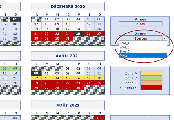 Calendrier annuel Excel automatique des vacances scolaires par zone