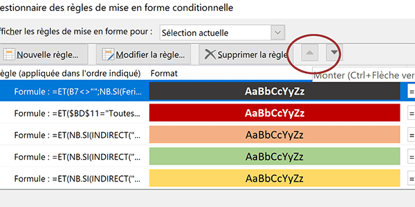 Hiérarchie des règles de mise en forme conditionnelle Excel pour repérer les jours fériés avant les jours de vacances