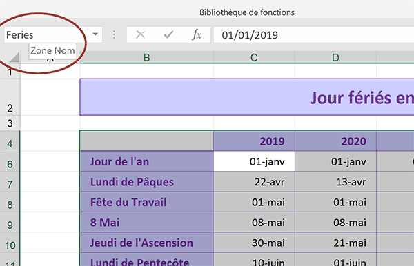 Nommer le tableau Excel des vacances pour sumplifier la syntaxe des formules des règles de mise en forme conditionnelle