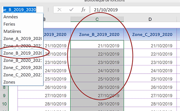 Noms des colonnes du tableau Excel des vacances scolaires pour simplifier les formules