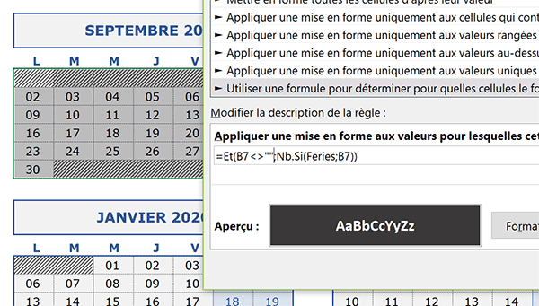 Règle de mise en forme conditionnelle Excel pour repérer dynamiquement les jours fériés dans le calendrier annuel perpétuel