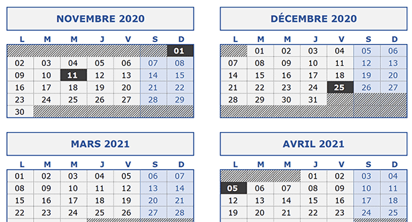 Jours fériés marqués automatiquement en couleur dans calendrier annuel Excel perpétuel