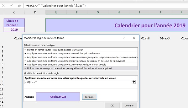 Affichage du titre mis en forme conditionnellement pour le calendrier à construire si année choisie