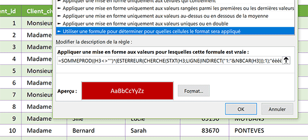 Règle Excel de mise en forme conditionnelle pour repérer et interdire la saisie des accents dans les cellules