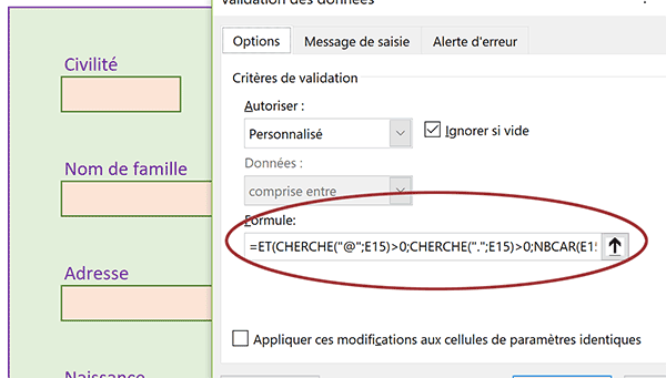 Règle validité Excel pour contrôler saisie conforme adresse mail