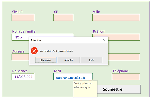 Contrôler et interdire saisie accents dans champ mail de formulaire Excel