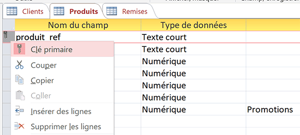 Clé primaire sur références articles uniques dans table Access