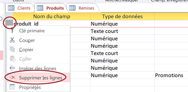 Supprimer un champ de table de base de données Access