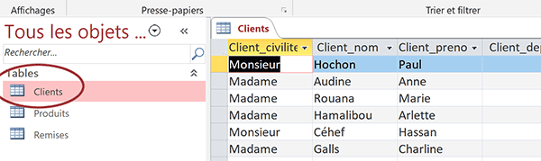 Table de base de données Access en mode feuille de données pour vérifier réglages