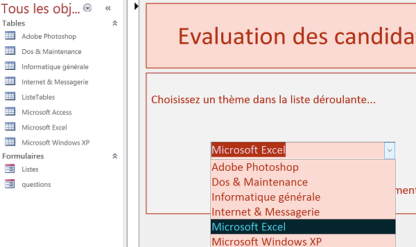 Chargement dynamique liste déroulante Access avec informations de tables