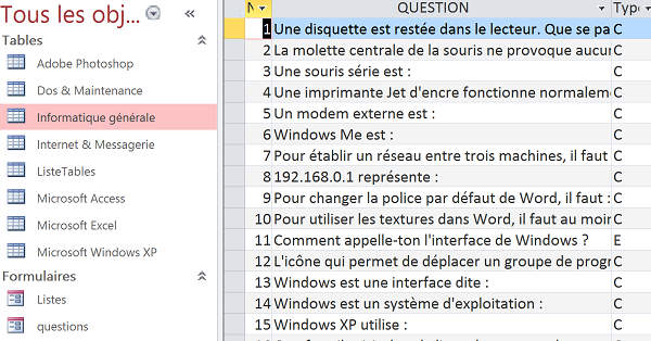 Noms des tables de la base de données pour remplir liste déroulante par code VBA