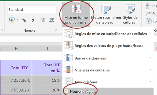 Créer nouvelle règle de mise en forme conditionnelle pour faire réagir la couleur des cellules selon des critères numériques