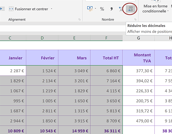 Afficher moins de chiffres après la virgule pour clarifier la présentation des calculs dans tableau Excel