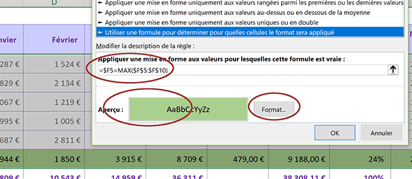 Critère de mise en forme conditionnelle Excel pour faire réagir automatiquement les cellules des plus grandes valeurs sur fond vert