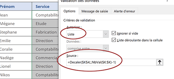 Fonction Excel Decaler pour ajuster automatiquement la hauteur de la liste déroulante en fonction des éléments contenus dans la source de données