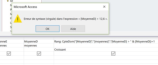 Erreur requête Access pour classer les résultats sur des nombres décimaux