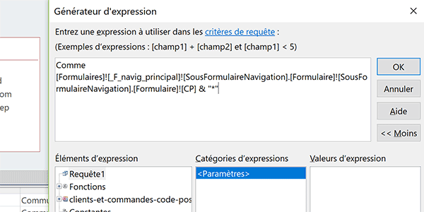 Etablir la correspondance avec une zone de saisie du formulaire dans expression du critère de la requête Access