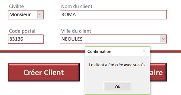 Formulaire Access de création de nouveaux clients avec villes intuitives selon code postal renseigné