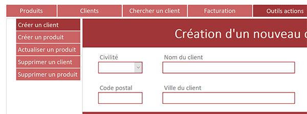 Formulaire Access pour créer de nouveaux clients imbriqué dans une navigation à onglets à deux étages